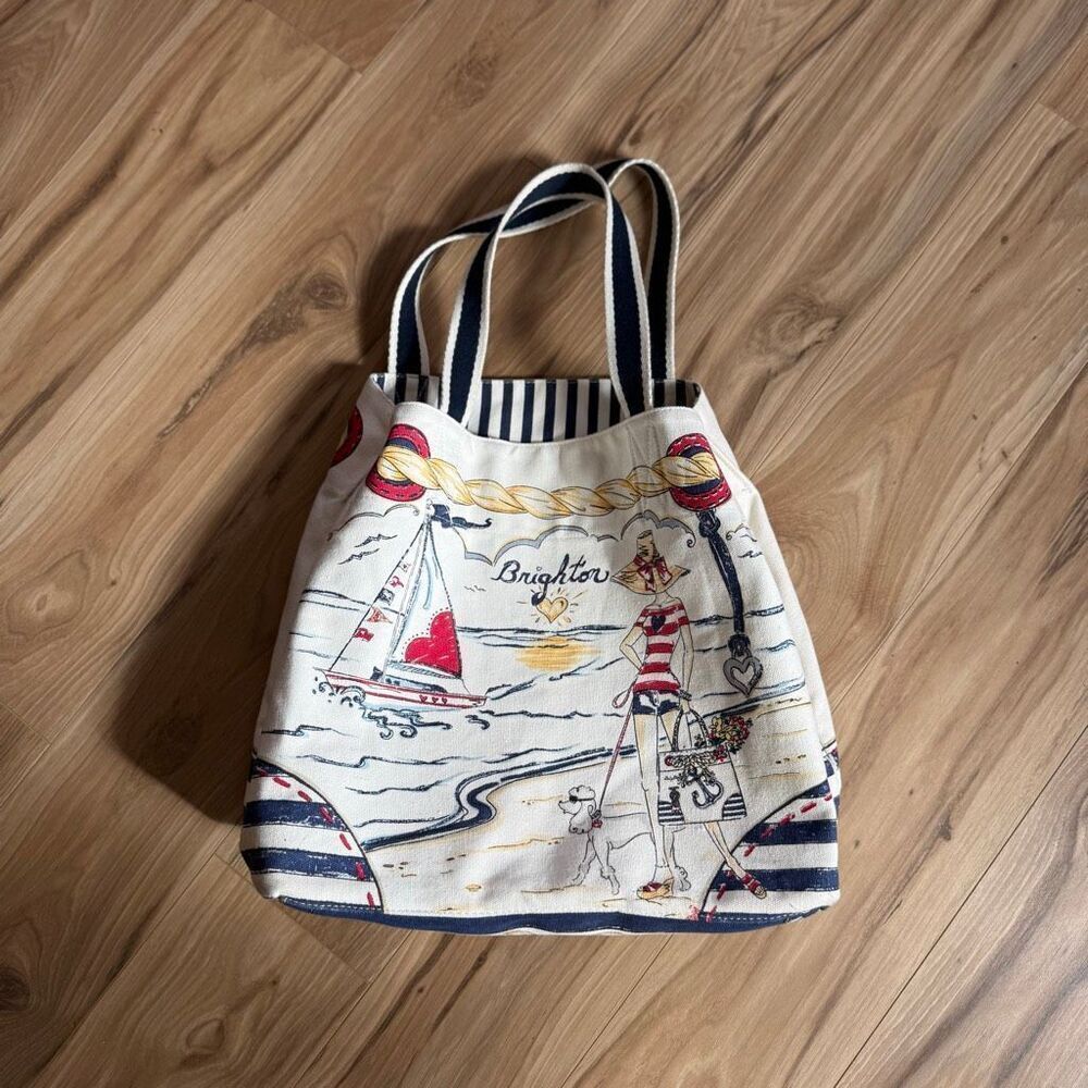 Brighton Womens Blue White Boardwalk Double-Sided Beach Nautical Canvas Tote Bag